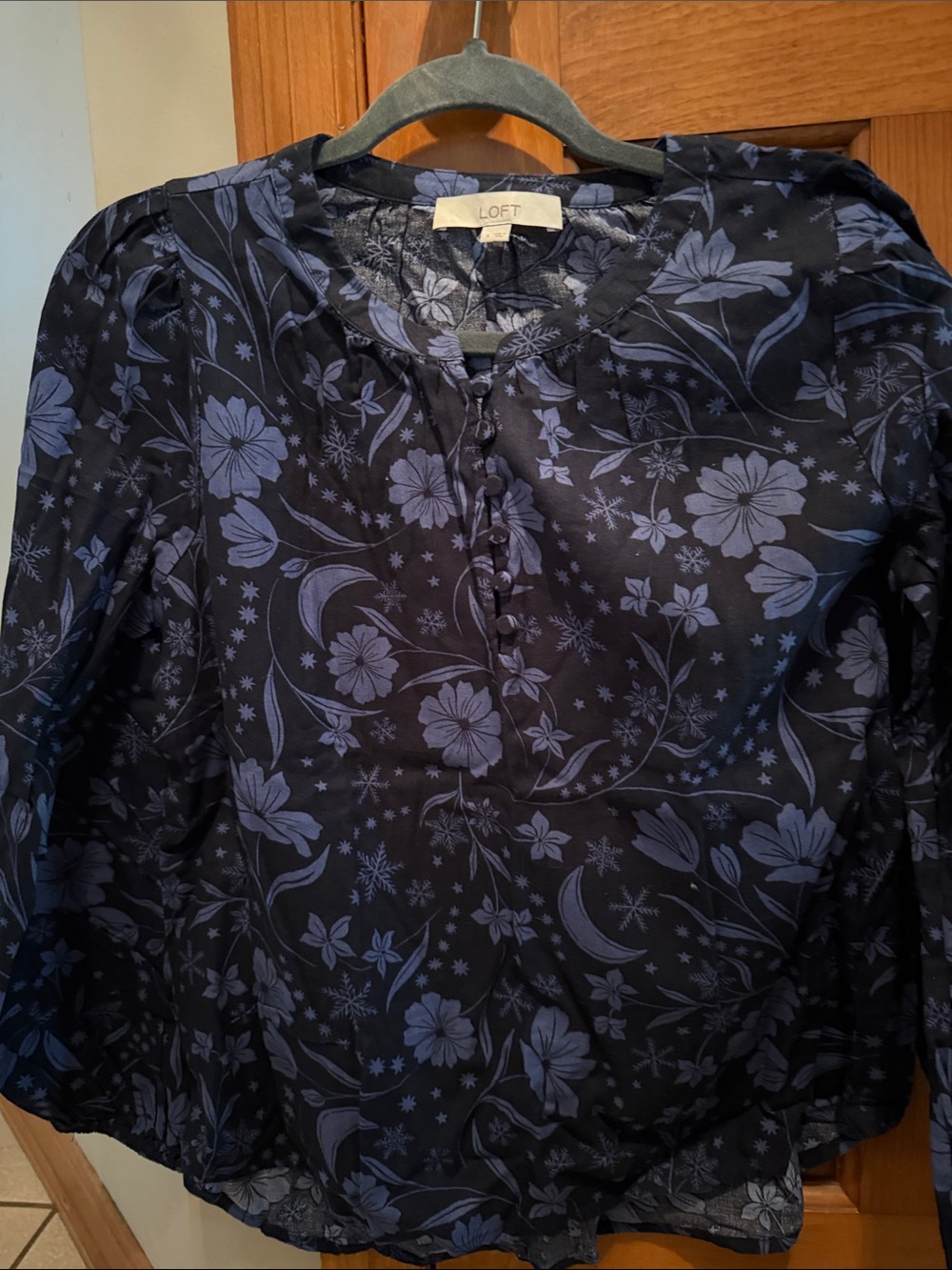 LOFT Navy Floral Moon-Print Buttoned Blouse